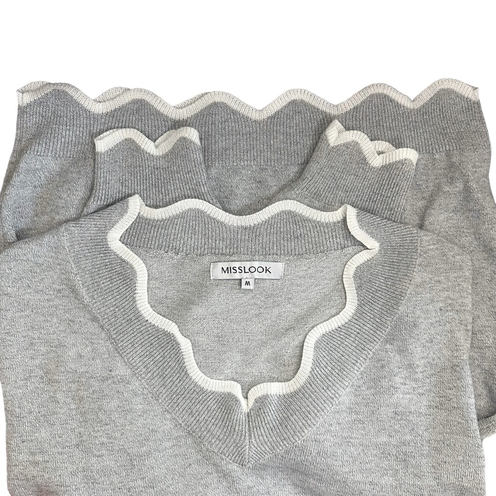 Knitted Wool Gray White Scalloped Neckline Pullover Sweater Misslook Medium - Picture 7 of 14